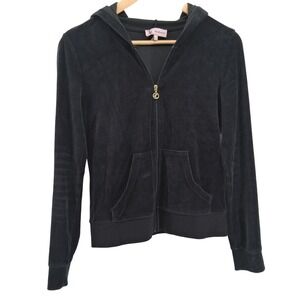Juicy Couture Vtg Y2K Black Velour Zip‎ Hoodie Small Gold J Zipper Track Jacket